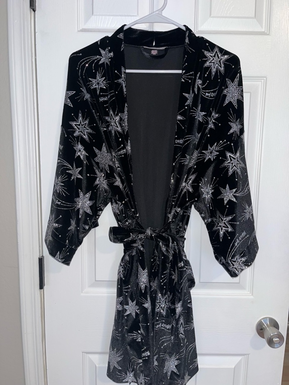Victoria's Secret Black Velvet Star-Print Robe with Silver Sparkle